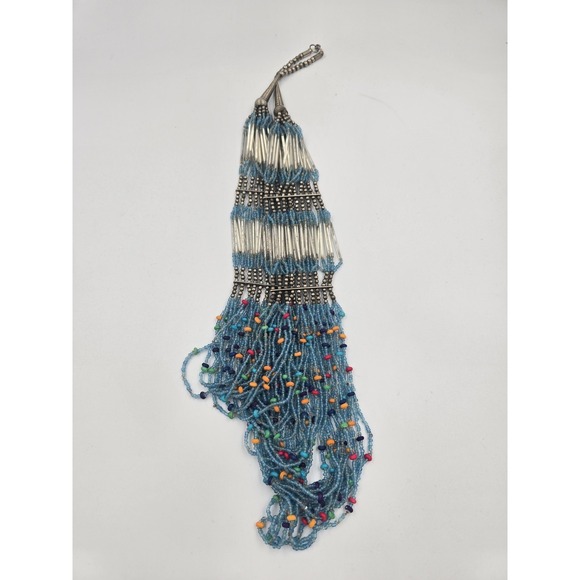 Ethnic Tribal Style Beaded Multistrand Statement Necklace Blue Silver Tone - Picture 9 of 9